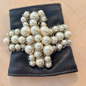 Black Leather Cuff with Pearls